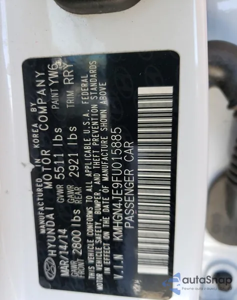 2015 Hyundai Genesis 3.8L z USA, uszkodzony, nr VIN KMHGN4JE9FU015885